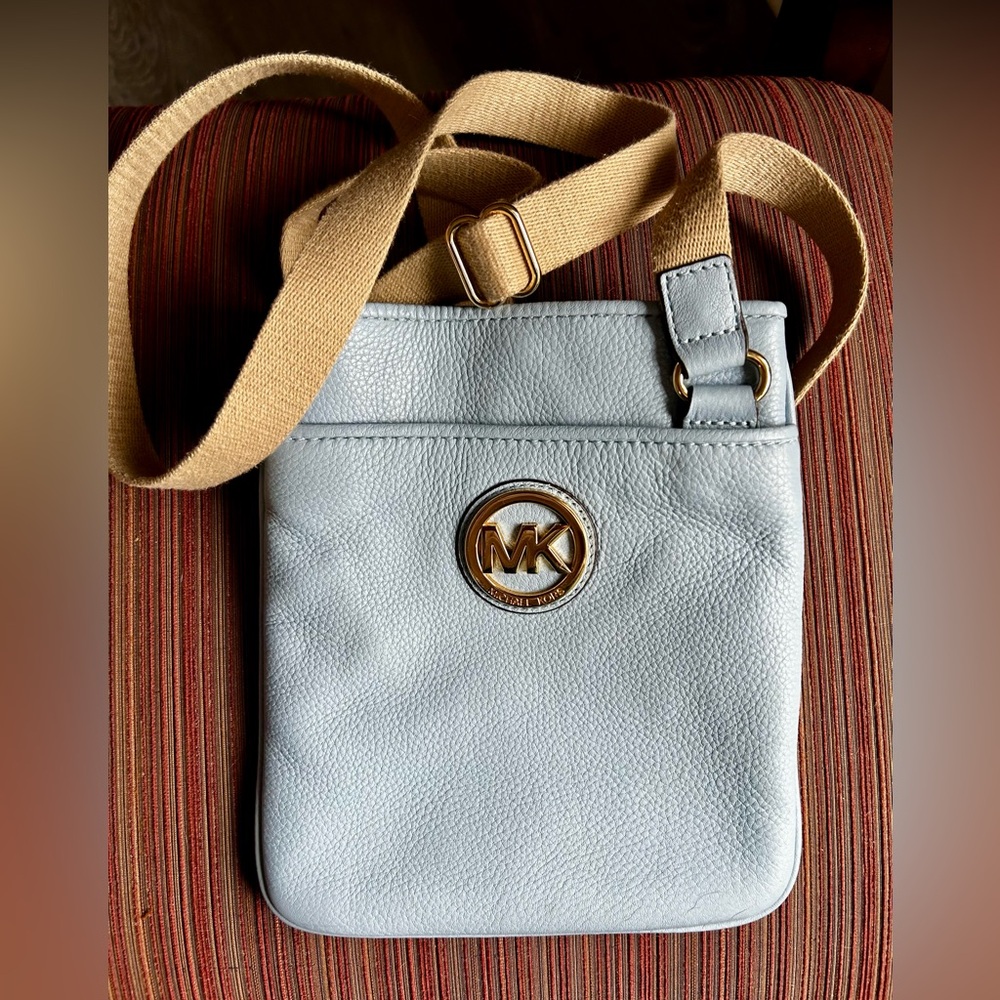 Michael Kors Fulton Crossbody Bag Pale Blue Pebbled Leather w/Gold MK Hardware